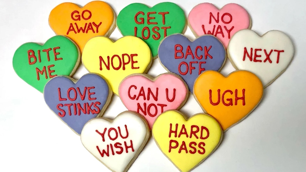 Anti-Valentine’s Day Conversation Heart Cookies